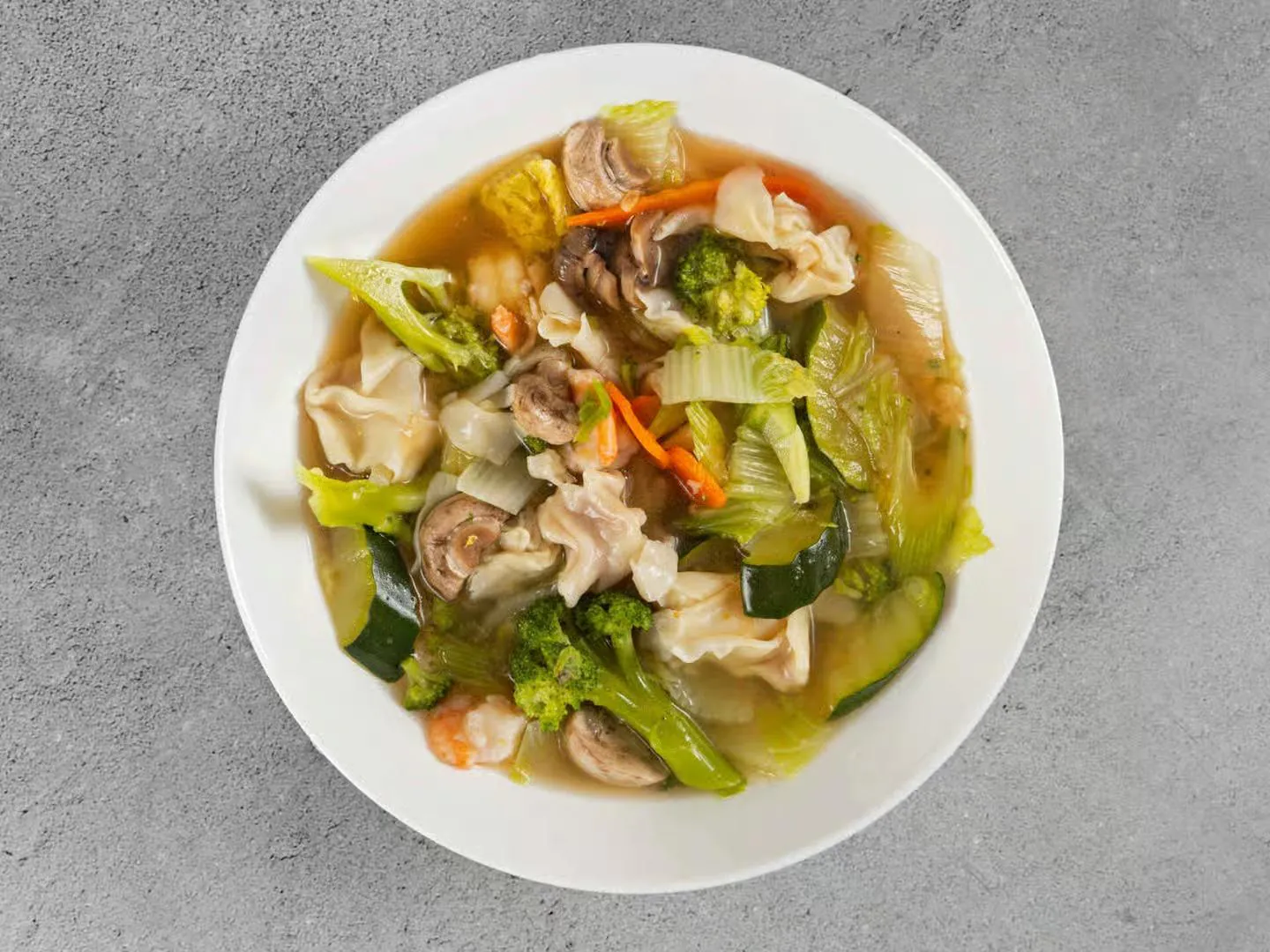 Soup with stir-fried veggies and tofu at Aloha Wok & Grill BBQ, a Asian Fusion Restaurant in Fullerton